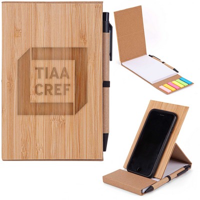 Bamboo Phone Holder Notepad & Pen Set w/Sticky Notes